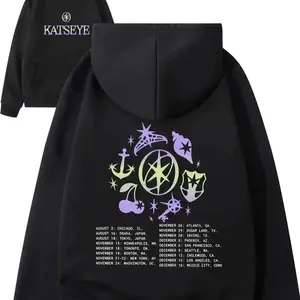 Women's Katseye Graphic Hooded Sweatshirt - Cotton-Spandex, Classic, Thick Long-Sleeves, Winter Warmth, Black with Neon Purple & Golden Japanese Lettering & Katseye Logo Print, Pocket, Casual Sportswear