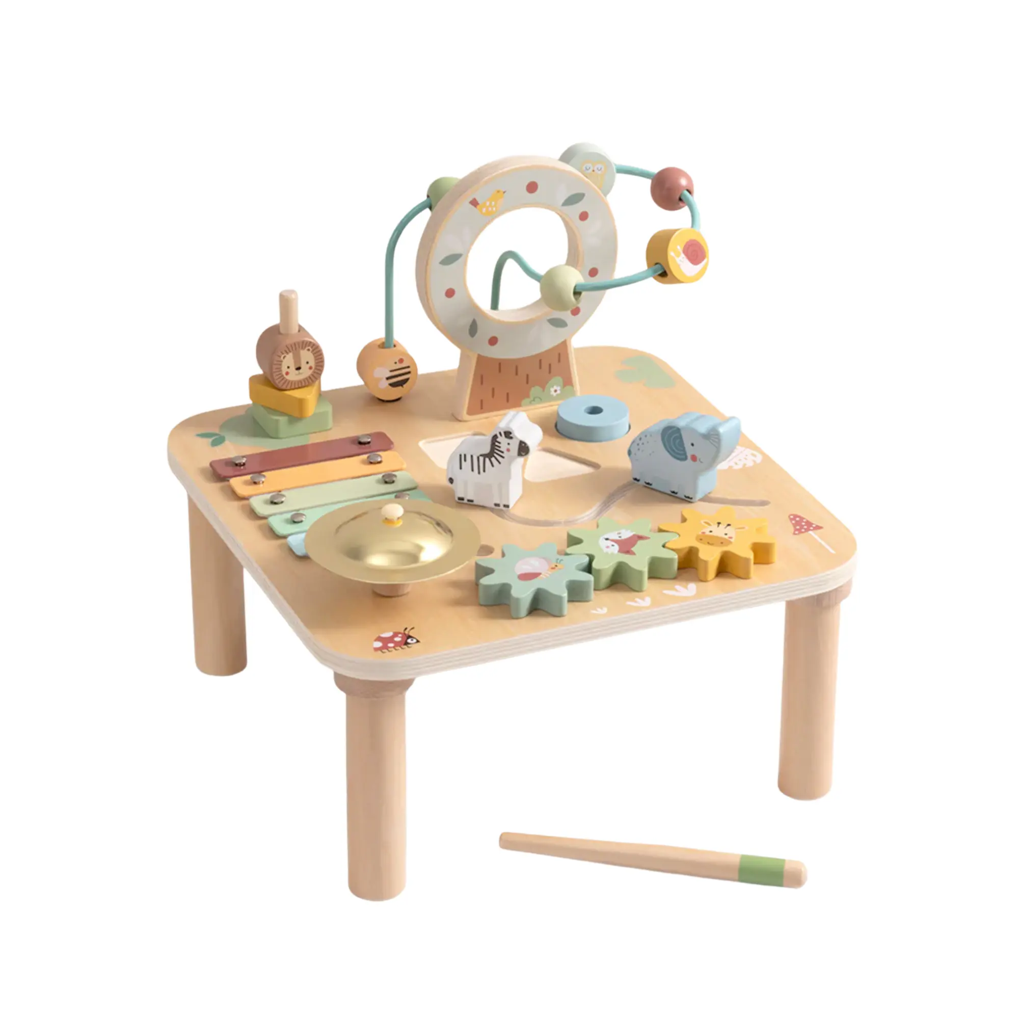Wooden Activity Table for Toddlers, Montessori Busy Board with Bead Maze, Gears, Xylophone and Fine Motor Games