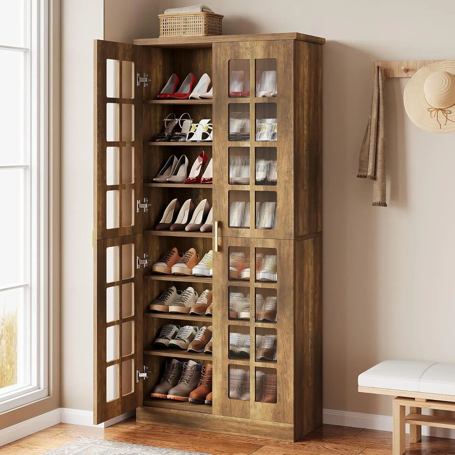 LITTLE TREE 71-Inch Tall Shoe Cabinet with Doors, 8-Tier Shoe Storage with Adjustable Shelves, Modern Shoe Organizer Shoe Rack Cabinet for Entryway, Hallway, Closet, Living Room