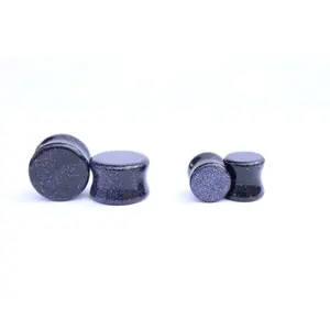 Blue Sandstone Double Flare Body Jewelry Plugs, Blue Goldstone Design with Glittering Night Sparkling Flecks for Cosmic Beauty, Mesmerizing Fashion Accessory