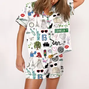 Country Music Pop Star Pajama Set For Women Print Comfy Satin Sleepwear & Loungewear Pjs Short Sleeve Top & Bottoms Shorts Without Pockets - SHESHOW