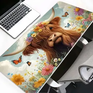 Flower-Adorned Highland Cow Gaming Desk Mat, Desk Accessories, Gaming Desk Accessory, Rubber Non-Slip Lock Edge Multi-Sized Pad, Suitable For Laptop Desktop Gaming Work Home, Ideal Gift For Family