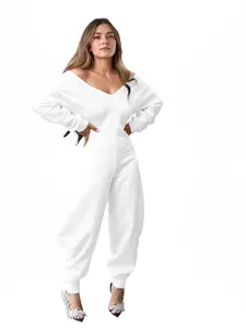 Women's Long Sleeve V-Neck Sporty Lady Jumpsuit, New Fashion Casual Fitted One-Piece, Fall & Winter Plain Style Basic Womenswear