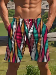 Men's Summer Dopa Wind Casual Shorts, Colorful Wave Striped Full-Print Beach Pants, Vibrant Stripes Fitted Drawstring Waist, Fashionable Comfort Design