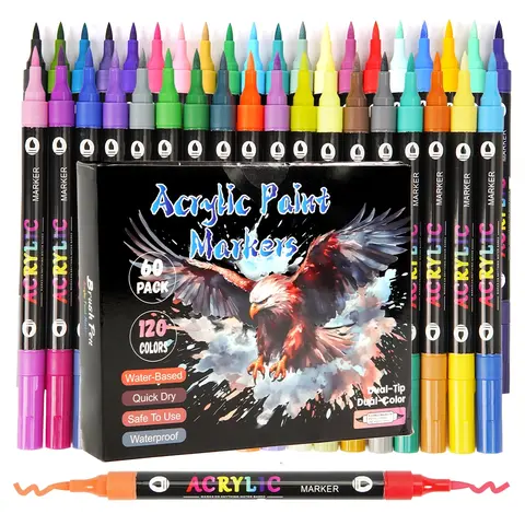 120 Colors Acrylic Paint Markers - 60 Dual Tip Brush Tip Acrylic Paint Markers Pens for Rock, Canvas, Ceramic, Wood, Glass, Paper - DIY Arts Crafts Supplies for Artists, Adults, Holiday Decorations, Art Marker Set