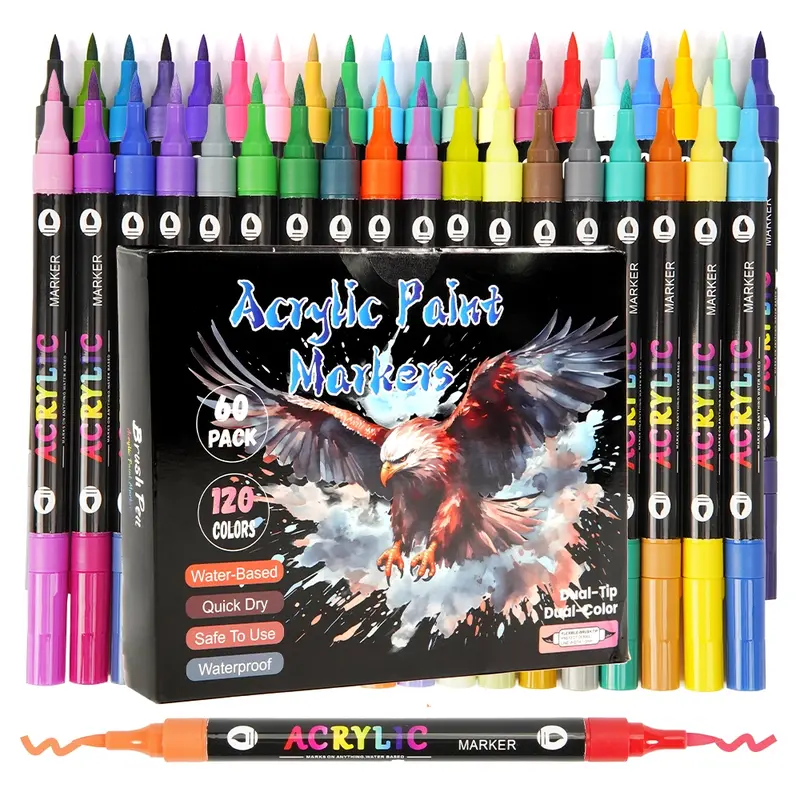 120 Colors Acrylic Paint Markers - 60 Dual Tip Brush Tip Acrylic Paint Markers Pens for Rock, Canvas, Ceramic, Wood, Glass, Paper - DIY Arts Crafts Supplies for Artists, Adults, Holiday Decorations, Art Marker Set