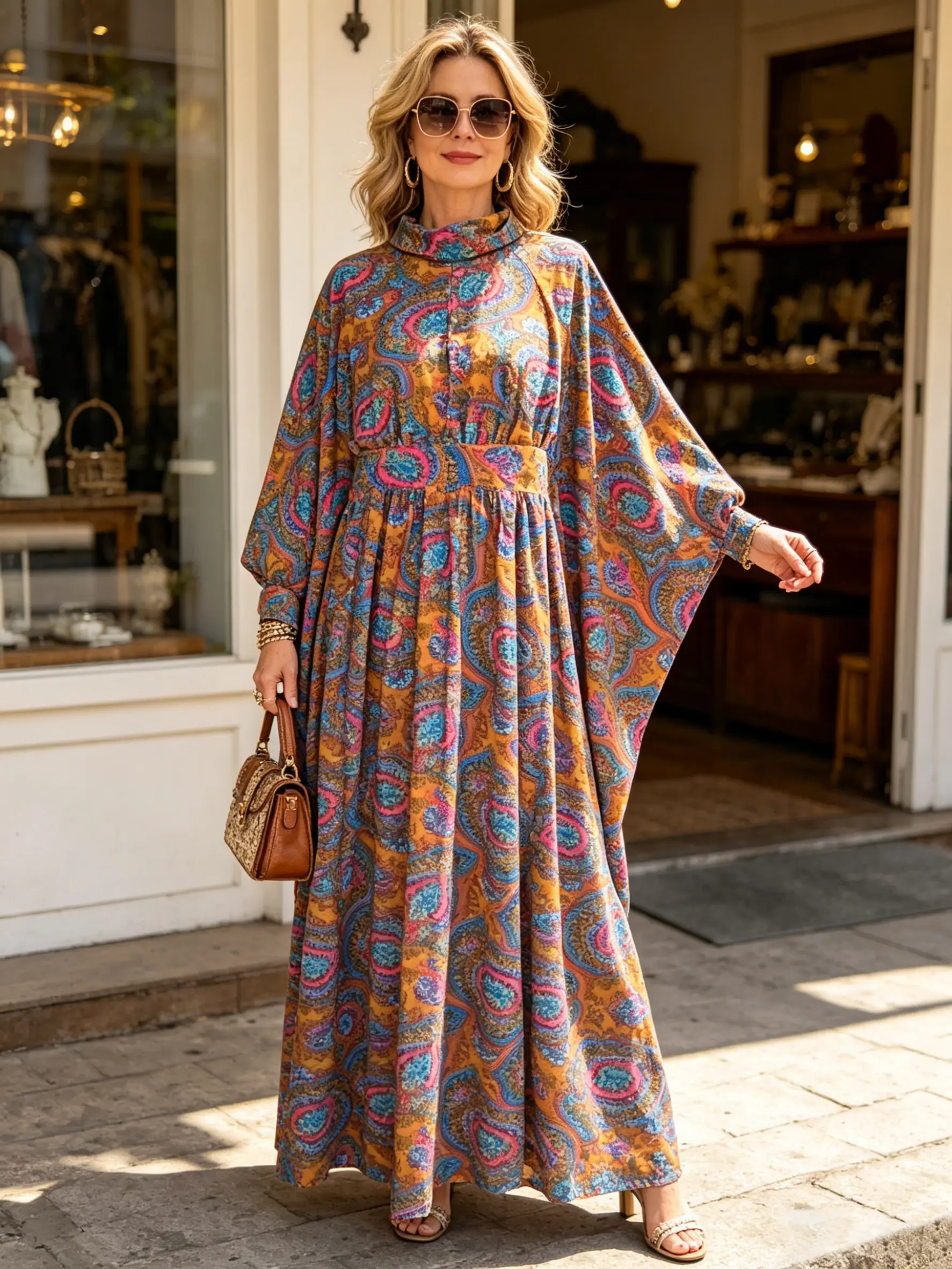 Vessora Women’s Vintage 70s Paisley Kaftan Maxi Dress, Boho Batwing Sleeve High Neck Flowy Loose Fit Caftan Dress, Retro Oversized Resort Vacation Dress