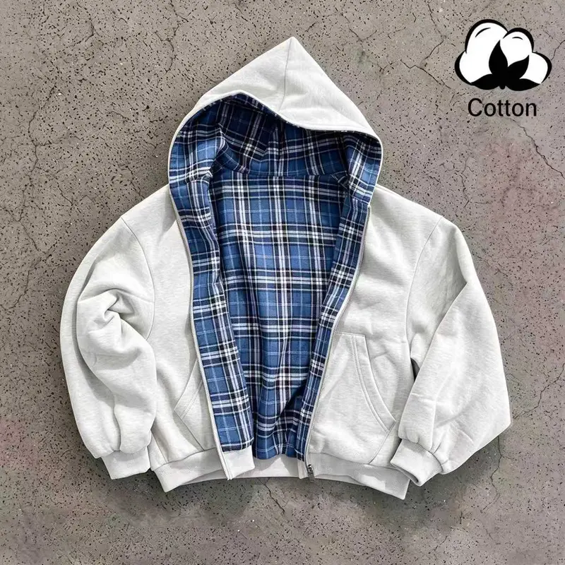 Unisex cotton zip-up hooded jacket, plaid reversible sweatshirt outerwear with pockets, loose street-style design, suitable for everyday wear, travel, and outdoor leisure.