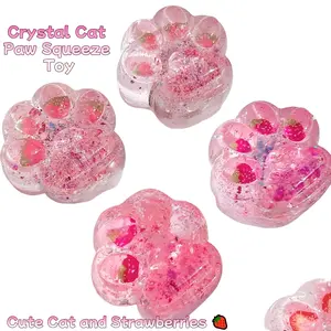 “Crystal Style” Cat Paw Squeeze Toy — Cute, Transparent TPR Stress Relief Toy (Large Size) — Strawberry-Themed Stress Relief Toy
