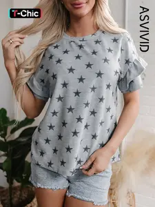 Women's Casual Feminine Star Print Tiered Ruffled Sleeve Round Neck T-Shirt, Short Sleeve Top, Comfortable & Stylish, Everyday