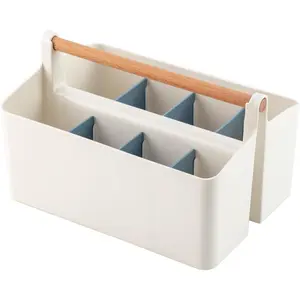 X-SBB21 Large Portable Basket with Handle, Plastic Craft Storage Organizer Caddy Tote with Adjustable Divided for Makeup Art Supplies, Sewing, Colored Pencils-Blue Wood Box