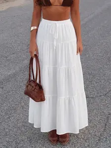 Women's Bow Tie Patchwork Skirt with Drawstring, Casual College Elegant Farmhouse Party Style, Long Slim-Fitting Summer Dress, Natural Waist