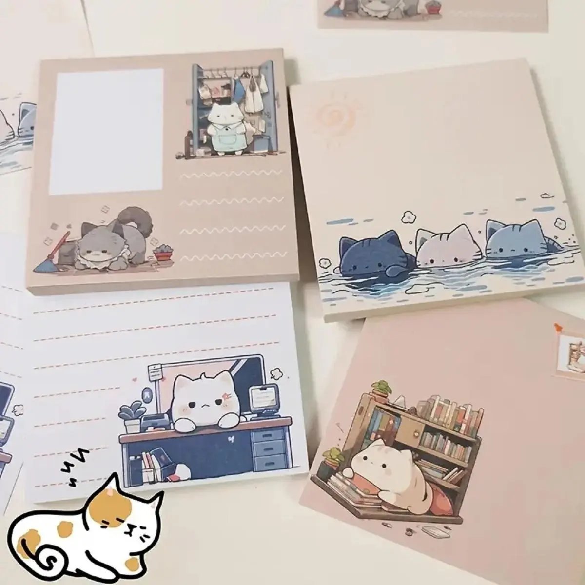 Cartoon Cat Pattern Sticky Note, 4pcs/set Cute Post-it Note, Message Forgotten Note Pad, Office Stationery Supplies, Adhesive (50 Sheets/Pad)