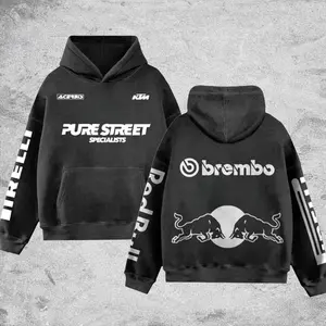 Redbull Pure Street Brembo Racing Retro Unisex Washed Hoodie Hoodie Motor World Champion Enthusiast Apparel Streetwear Helmet Racing Team Super Motorsports Clothing Riders Motocross Off-Road Dirt Bike Fan Gear Cotton For Motor Fan