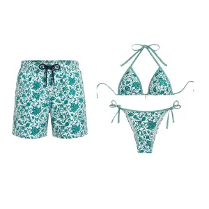 [Hot Summer 2026] - Couple Beach Set 2026 – Green Floral Bikini & Matching Swim Shorts