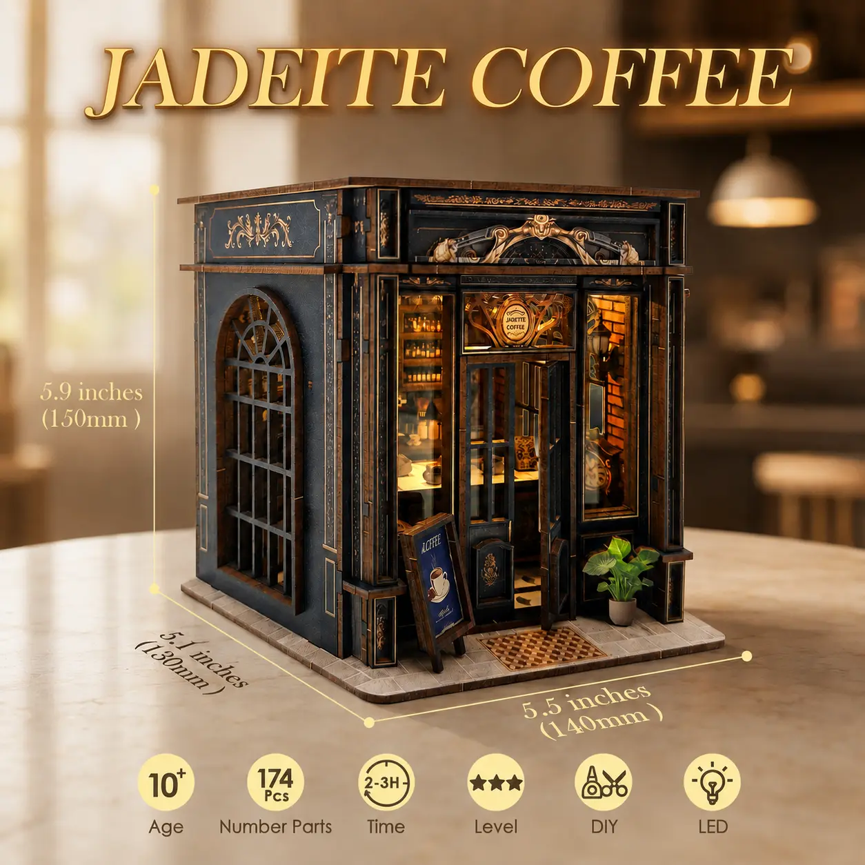 Jadeite Coffee Shop Book Nook Kit, DIY Miniature House Kit for Adults, 3D Wooden Puzzle Bookends Bookshelf Diorama Dollhouse, No Glue Needed Craft Kit Gifts for Teens Beginners Family Friends & Book Lovers
