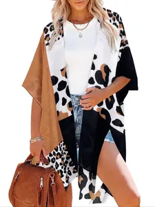 Breezy Lane Women's Leopard Patchwork Print Split Hem Cape, Long Sleeve Casual Beach Vacation Cover Up, All-Season Swimwear Cover Up, Swimsuit Cover Ups (Sports & Outdoor)