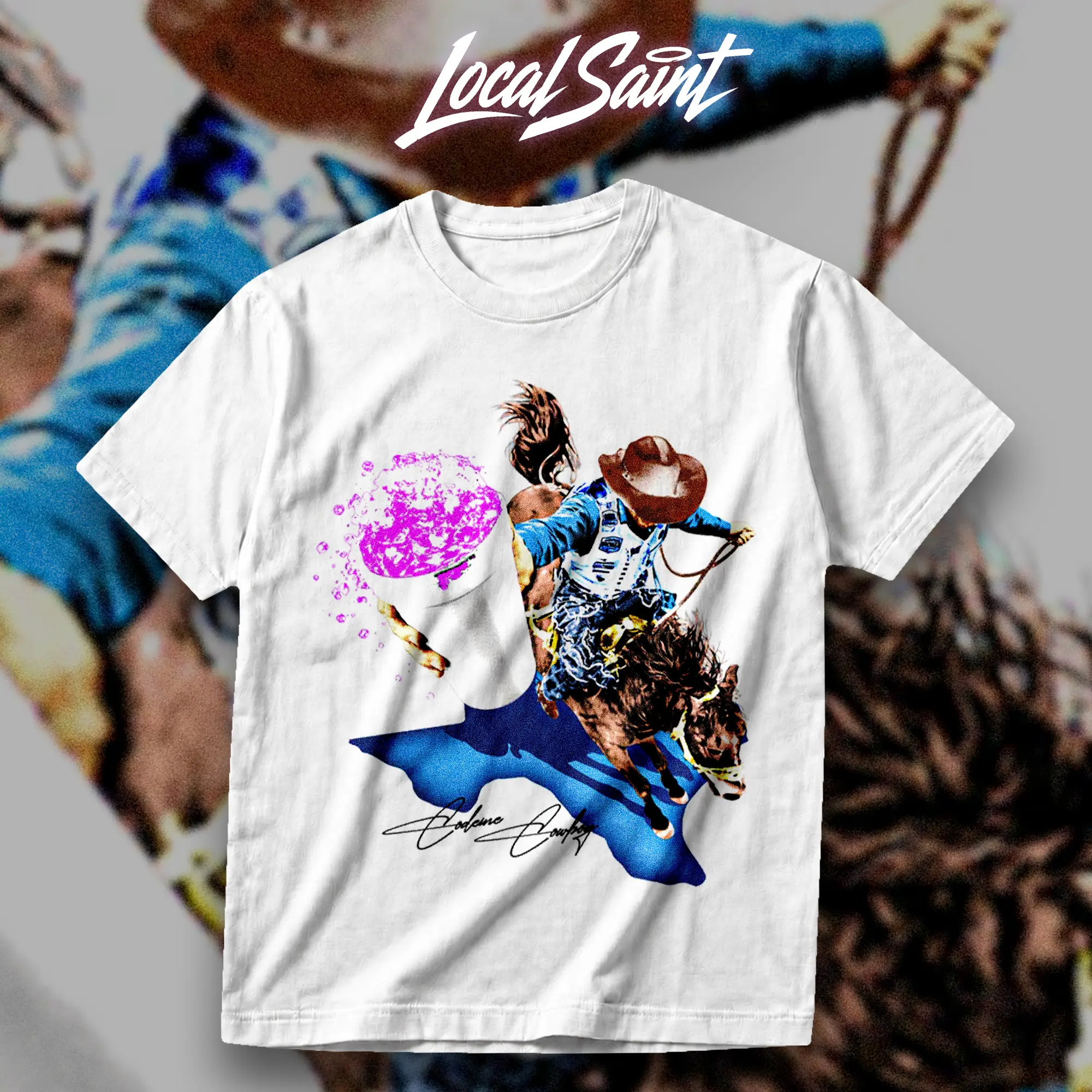 LOCALSAINT Codein Cowboy Heavy Cotton Unisex Graphic T-Shirt Hoodie Houston Texas Skull Cowboy Lowrider 713 Crewneck Tee, Vintage Streetwear Graphic T-Shirt Direct To Garment Breathable Print