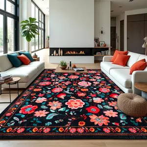 Flannel Non-Slip Area Rug, Washable Boho Vintage Low Pile Carpet Print Home Rugs For Living Room, Bedroom, Kids Room, Playroom, Dining Room, Home Office, Farmhouse, Black, Blue, Beige, 5x8, 6x9, 8x10, 9x12 Feet