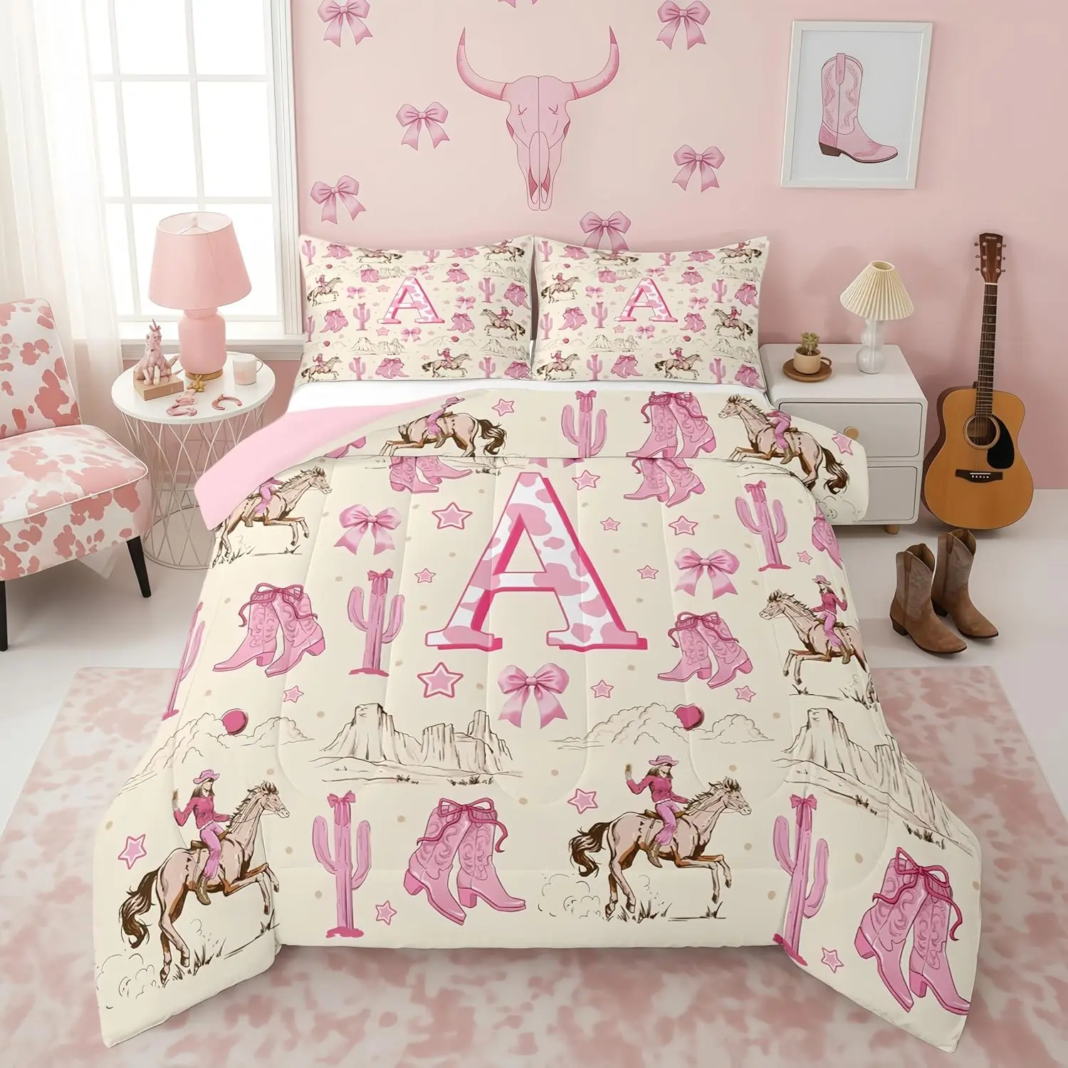 Retro Western Horse Comforter Set Initial A Pink Cowgirl Boots Bows Bedding Sets,Monogrammed Coquette Bow Bed Set,Country Room Decor with 1 Pillowcase