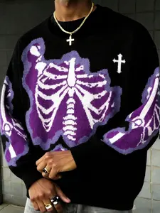 Men's Casual Round Neck Pullover Sweater, Skull Cross Print, Loose Fit, Long Sleeve, Lightweight Knit Top, Knitwear Sweater, Fall & Winter Wear