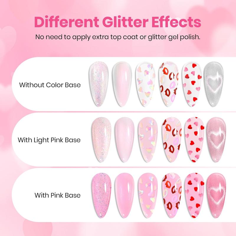 Beetles Valentine's Glitter Gel Top Coat Set, Clear Pink Color High Shine, Drying, Manicure Essentials EasterNail Designs SpringNail VacationNail FestivalNail GraduationNail  newyearnewme valentinesday