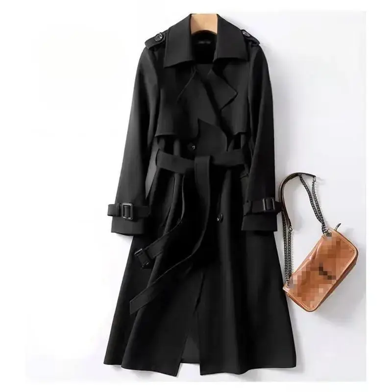 Plus Size Women's Mid-Length Trench Coat 2025 Spring Autumn Over-the-Knee Coat Women's Solid Color Elegant Notched Lapel Double-Breasted Belted Trench Coat Womenswear Jackets Tops Outerwear Black Green Light Style Plus Size Women's Mid-Length Trench Coat 2025 Spring Autumn Over-the-Knee Coat Women's Solid Color Elegant Notched Lapel Double-Breasted Belted Trench Coat Womenswear Jackets Tops Outerwear Black Green Light Style