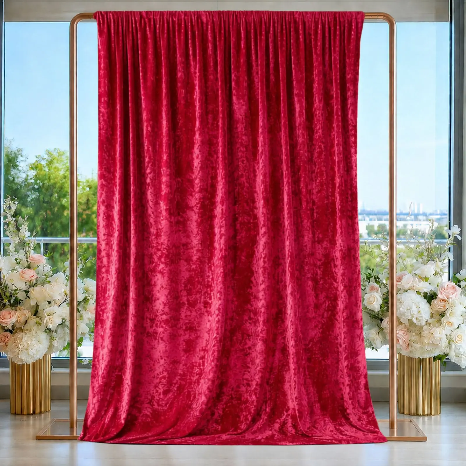 Crushed Velvet Backdrop Curtain - Red 5ft x 14ft 1-Sided Event Drape with Rod Pocket, Indoor Privacy Panel for Party, Photo Shoots, Restaurants, Trade Shows