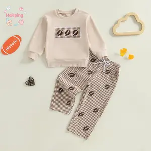 Toddler Baby Fall Outfit, Rugby Embroidered Crew Neck Long Sleeve Sweatshirt and Plaid Pants 2 Pcs Set, Casual Baby Set