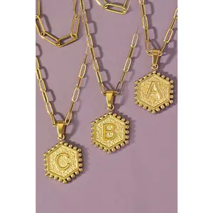 2 row brass double sided hexagon initial necklace