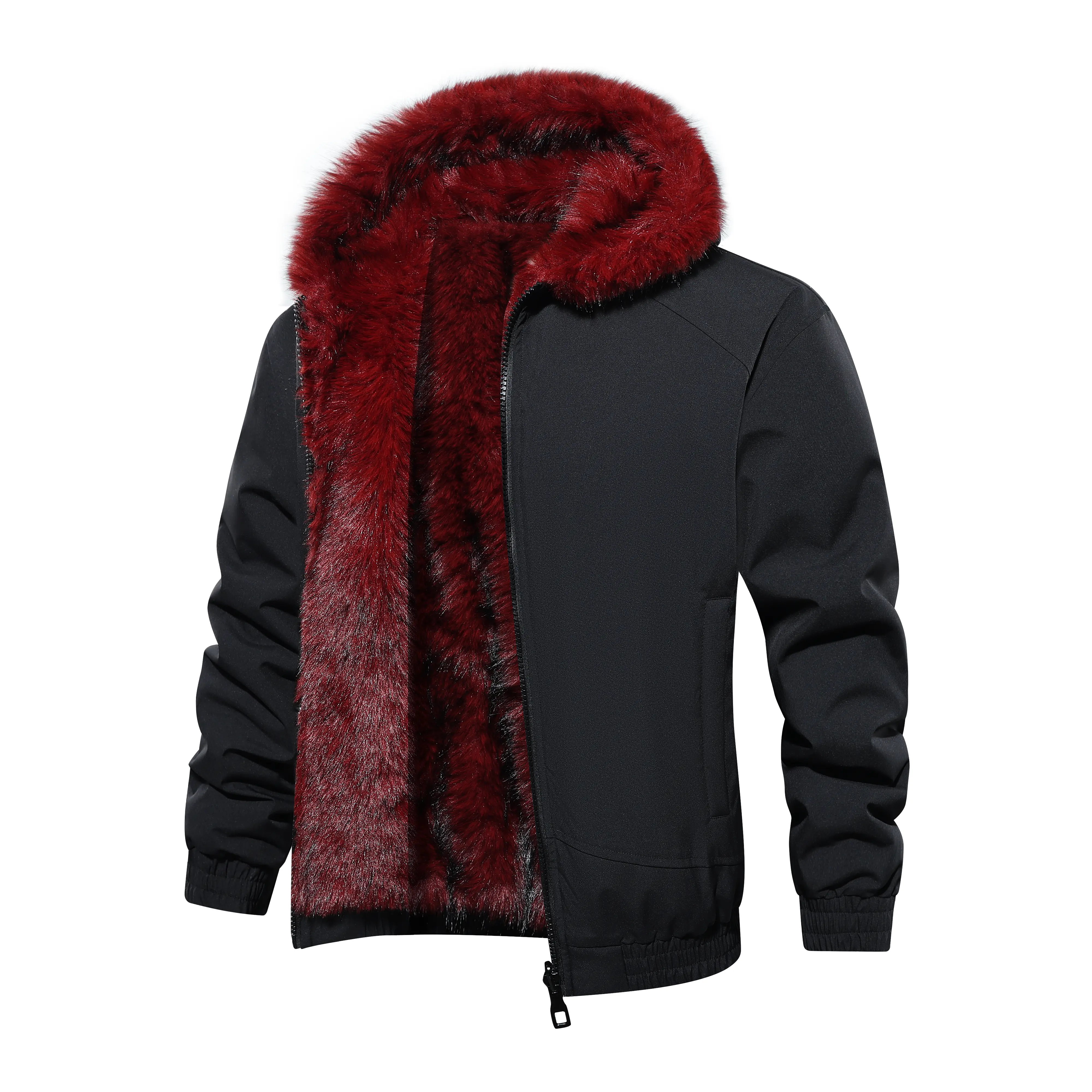 Men’s Stylish Reversible Hooded Jacket - Full-Zip Winter Tops Outerwear with Attached Hood, Polyester Shaggy Plush & Smooth Sides, Elastic Cuffs, Elastic Hem