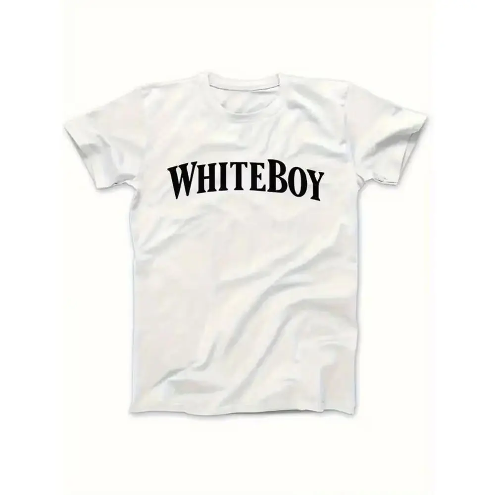 Men's Cotton Graphic T-Shirt, Short Sleeve Crew Neck Tee with Arched WHITEBOY Text Print, Casual Minimalist Streetwear Top