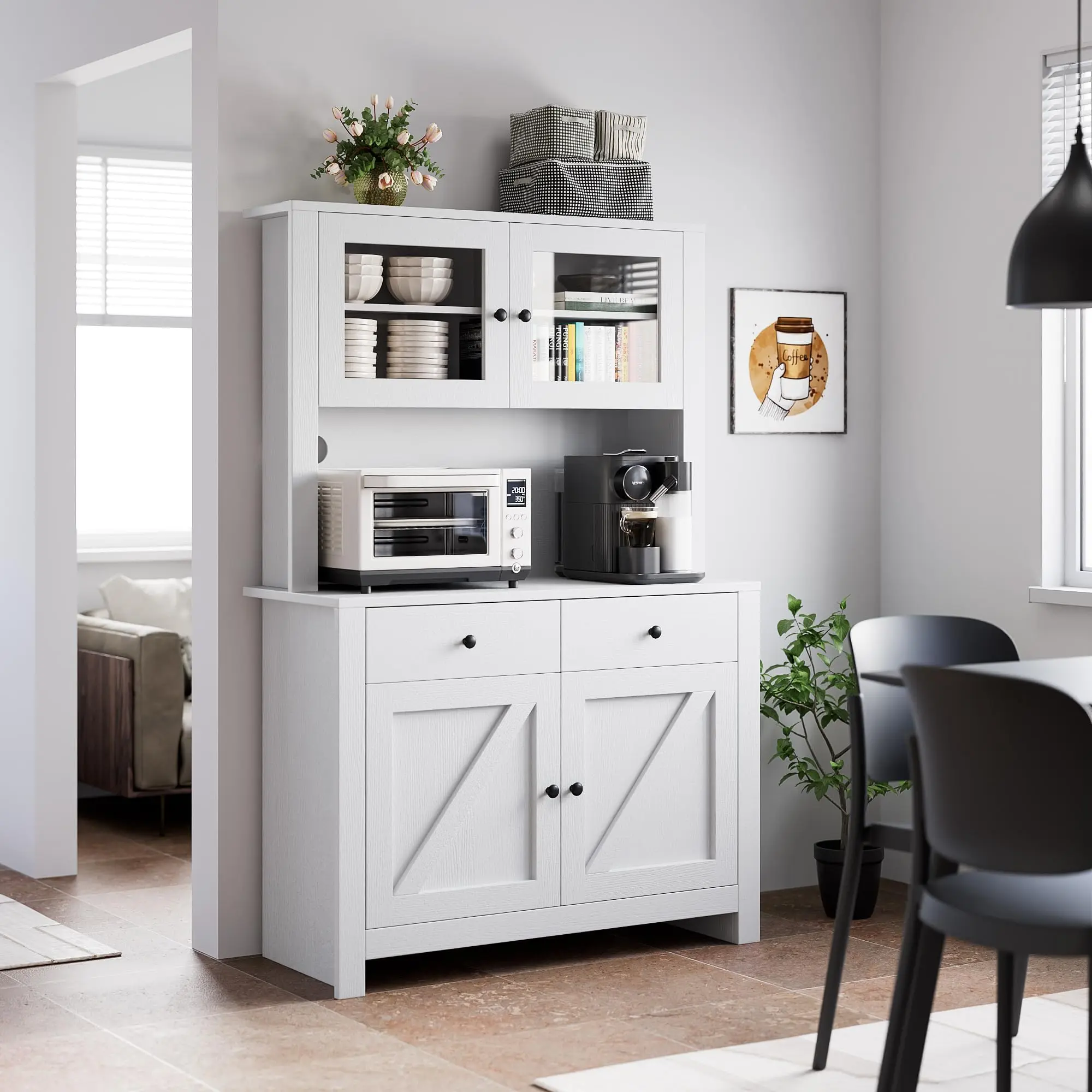 Garvee Kitchen Pantry Cabinet with Microwave Stand, Freestanding Hutch Cabinet with Buffet Cupboard, Tall Storage Cabinets with Adjustable Shelves for Kitchen, Dining Room, White