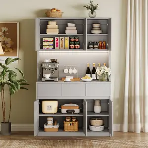 71 Inch Tall Kitchen Pantry Cabinet with LED Lights and Built-in Power Outlets, Handless Microwave Stand Featuring Adjustable Shelves, Modern Black Storage Hutch Ideal for Kitchen and Entryway