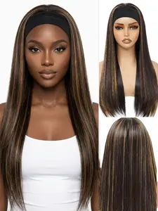 Headband Wigs for Women Synthetic Soft Hair Wig Long Straight brown Blonde Highlights Wig Silky Straight Heat Resistant Wigs for Daily Party Use