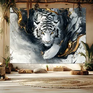 White Tiger Tapestry Golden Eye Backdrop Animal Theme Wall Hanging Photography Background Wildlife Decor for Living Room Bedroom Indoor Outdoor Home Decoration