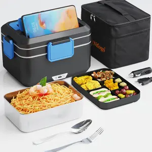80W High Power Portable Electric Lunch Box 18L Stainless Steel Food Warmer 12V 24V 110V Heated Lunch Box for Car Truck Driver Office Outdoor Camping
