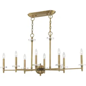 14 inch 8 Light Antique Brass Linear Chandelier with Clear Crystal Bobeches Shade