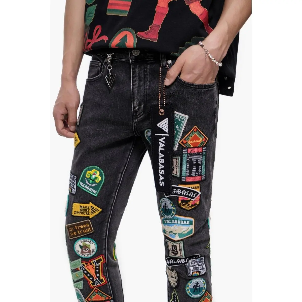 Men's Stretch Slim Fit Denim Jeans - Stacked Look, Tonal Black-Grey, Elongated Inseam, Menswear Streetwear Bottoms, Tonal Contrast, Non-Customized Men's Jeans, Extended Leg Line, Refined Edge Denim, Stretch Denim