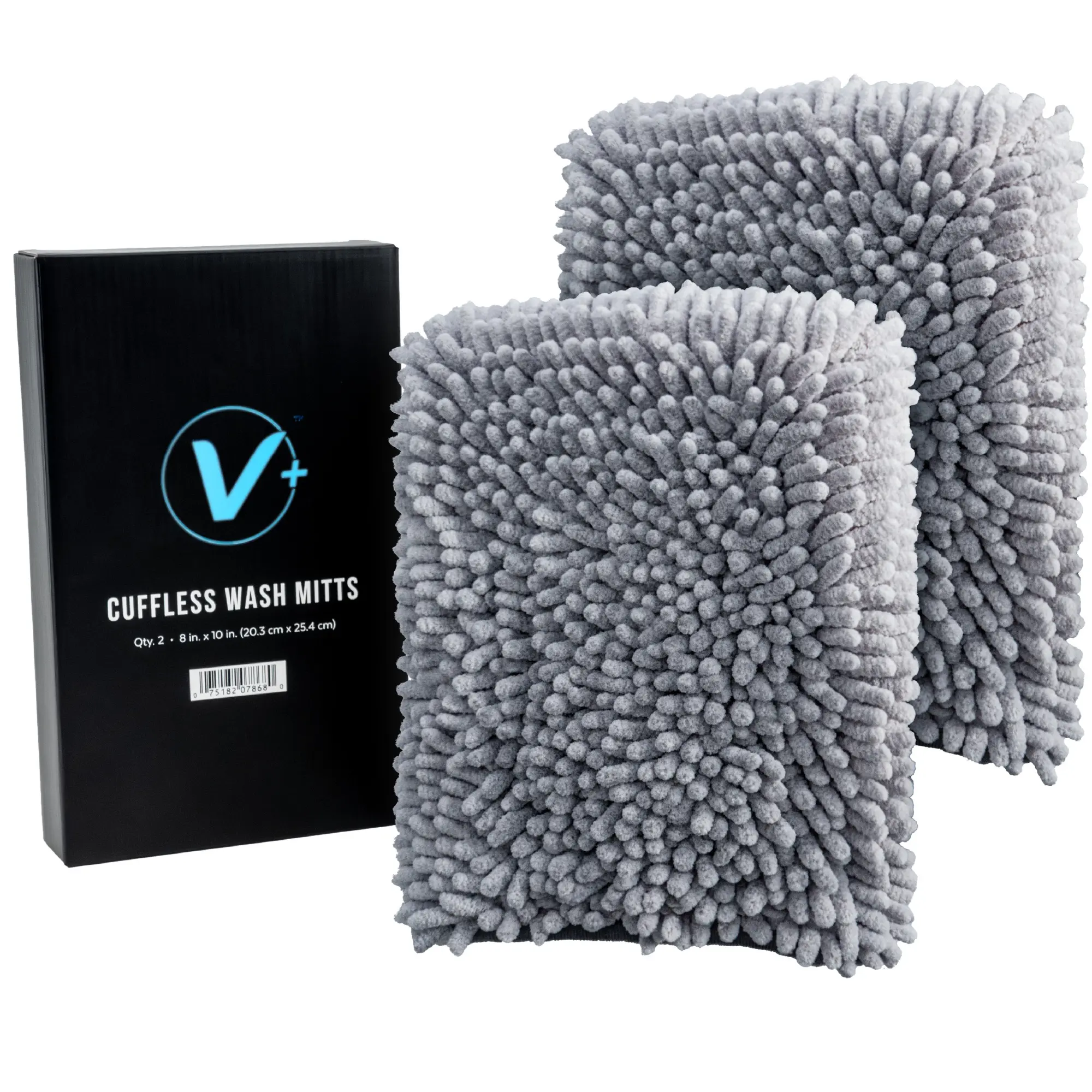 VIKING V+ Cuffless Car Wash Mitt for Cleaning and Washing Exterior of Cars, Use as Wash Mitt or Wash Pad, Grey Microfiber Chenille Mitt for Car Detailing Kit, 10 Inch x 8 Inch, 2 Pack