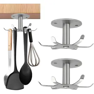 2 PCS Under Cabinet Kitchen Utensil Hooks, Stainless Steel 360°Rotating Drilling Free Adhesive Utensil Hanging Rack Holder, Brushed Nickel