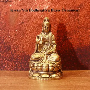 Solid Brass Kwan Yin Buddha Statue, South China Sea Goddess of Mercy Sculpture, Traditional Religious Auspicious Figurine, Exquisite Desktop Decor Ornament for Home Office Indoor Decoration & Spiritual Blessing Gift