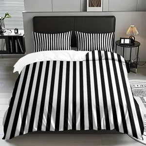 2/3 PCS Black,White Striped Background Duvet Cover Set (1* Duvet Cover +1/2* Pillowcase, No Filling), Soft,Comfortable, Comfy bed sets, Suitable For All Seasons, Machine Washable, Birthdays/New Year Gift For Family,Friends