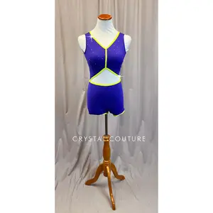 Custom Purple Biketard with Lime/Yellow Trim - Rhinestones