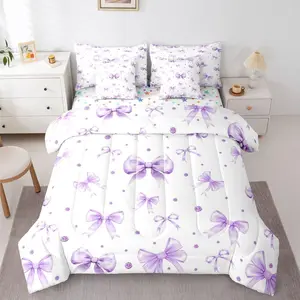 Cute Purple Bow Bedding Set,7 Piece Girls Purple Ribbon Bow Tie Comforter Bed Set with Sheets,Kids Teen,Girly Coquette Bows Bed Bag,Princess Bowtie Sheet