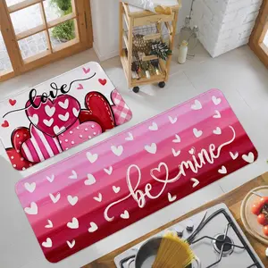 2–3 Pcs Valentine’s Day Kitchen Carpet Set, Pink Heart Pattern Floor Mats for Kitchen and Entryway, Soft Non-Slip Decorative Rugs for Home and Festival Use