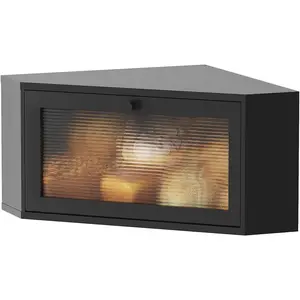 Corner Bread Box for Kitchen Countertop - Bamboo Wood, Wavy Acrylic Door, Large Bread Storage Container Holder (Black, Medium)