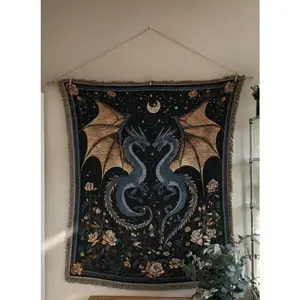 Gothic Dragon Woven Blanket | Vintage Style Mystical Creature Throw | Medieval Decor Tapestry | Fantasy Bedroom