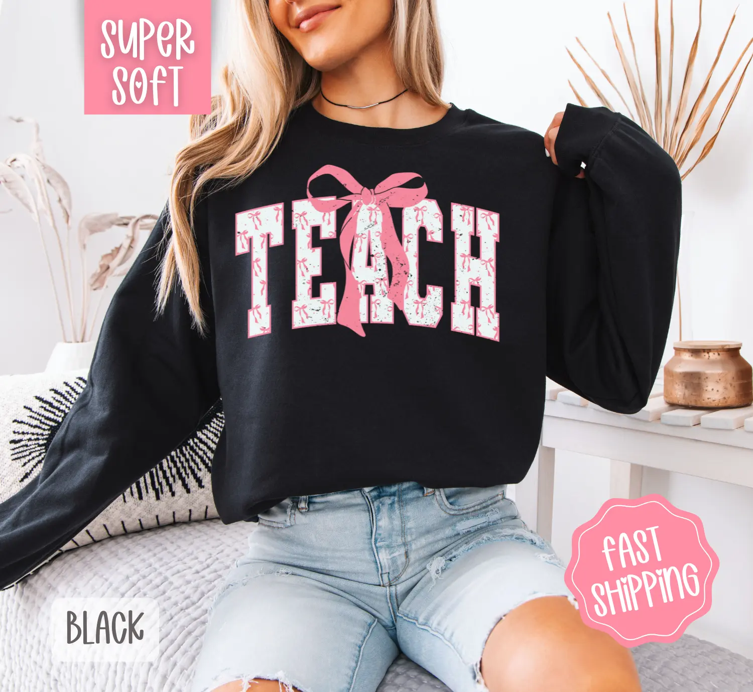 Pink Teacher Bow Sweatshirt, Women's Crewneck, Cute Women's Sweater