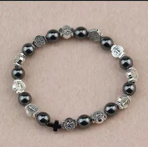 Unisex Catholic Rosary Bracelet with San Benito Medal Cross & Hematite Beads Religious Jewelry Accessory for Daily Wear Style Faith